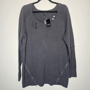 Torrid Women 1X Gray Sweater Zipper Detail Edgy Dark Academia Broken-in Knit Top